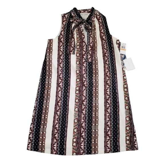 1.State Tie Neck Striped Boho Printed Sleeveless Swing Shift Dress Chalk S - Picture 8 of 12